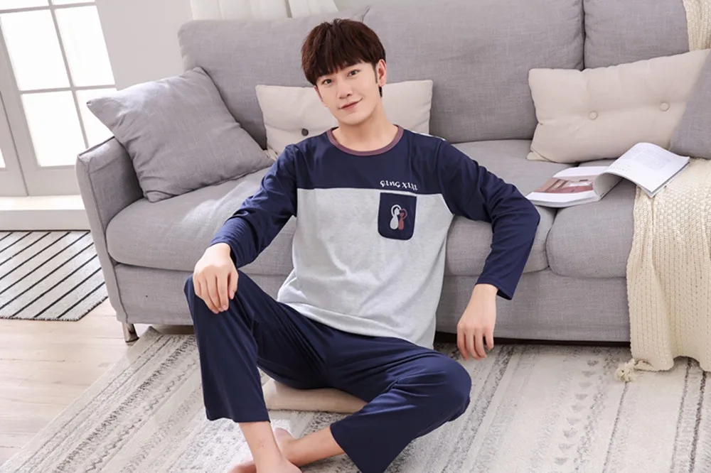 pyjama homme Autumn Winter Long Men's Cotton Pajamas Letter Striped Sleepwear Cartoon Pajama Sets Casual Men Pyjamas Plus Size 4XL Pijama mens silk pajamas