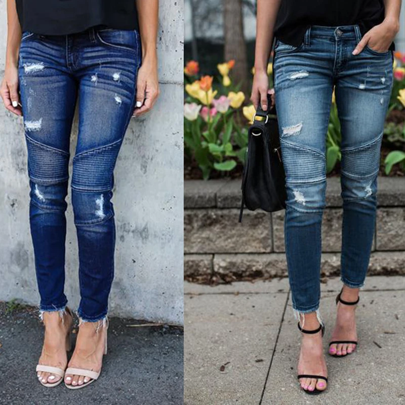 

2019 Spring Fashion Bleached Ripped Jeans Women Cotton Denim Slim Elasticity Skinny Pants High Waist Ripped Vintage Jeans Femme