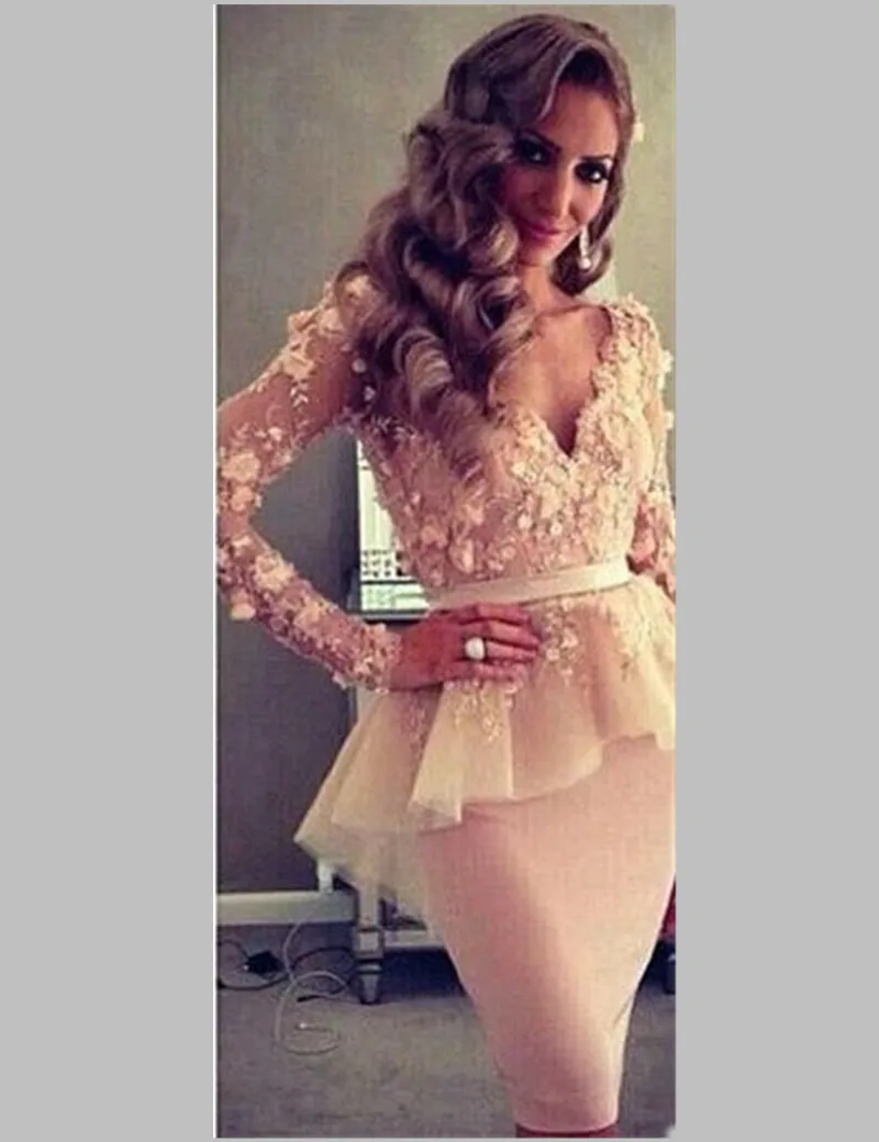 2016 Blush Pink Short Corset Prom Dresses with Flowers Long Sleeve