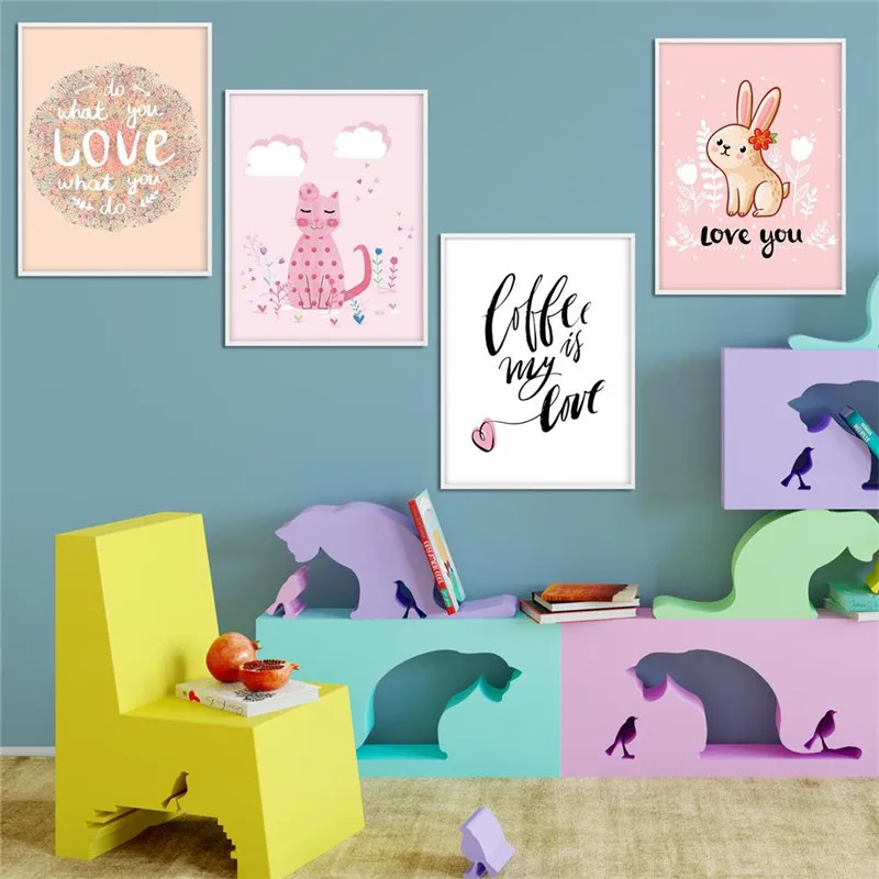 Nordic Style Cartoon Animal Wall Art Canvas Painting Posters And Prints Rabbit Cat Quote For living room Decoration Home Decor | Дом и сад