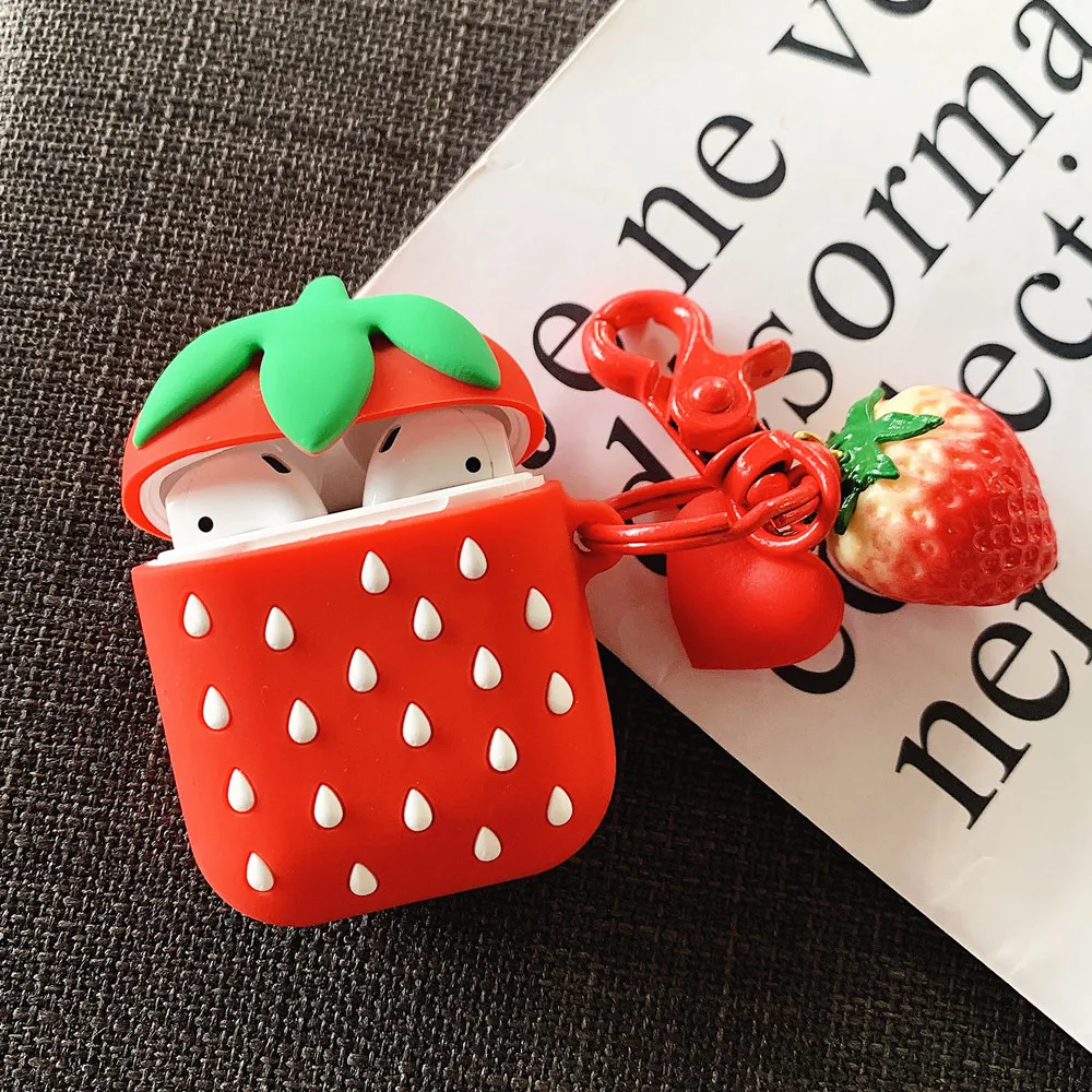 

Strawberry Silicone Protect Bluetooth Wireless Earphone Cover For Apple Airpods 1 2 Case With 3D Love heart Strawberry Keychain