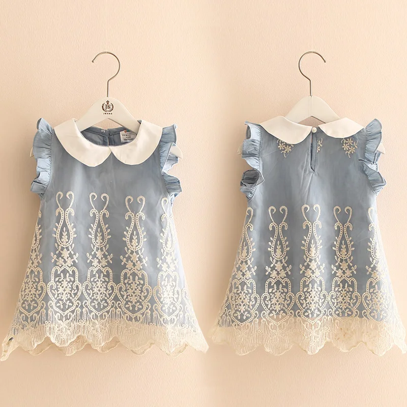 

2018 Summer 2-10 Years Beautiful Children Kids Pleat Peter Pan Collar Fly Sleeve Party Lace Blue Denim Vest Dress For Girls