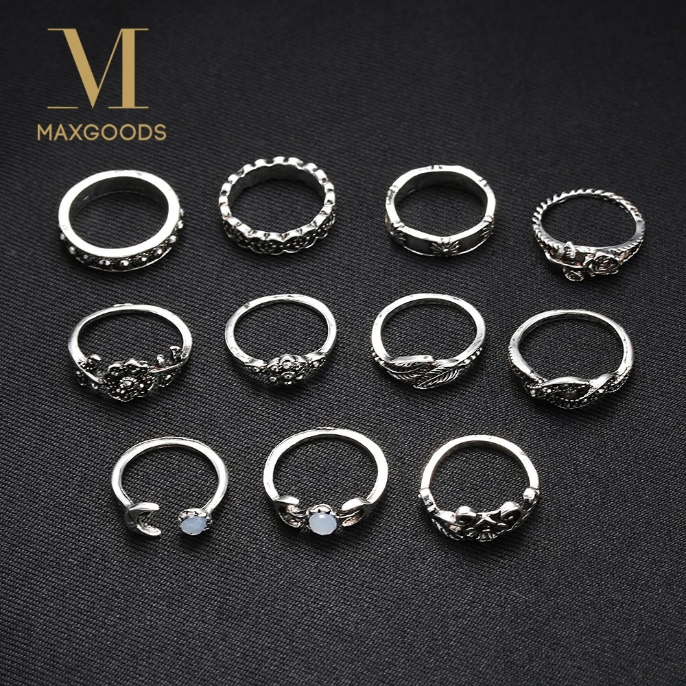 

Hot 11Pcs/Set Silver Gold Boho Fashion Arrow Moon Midi Finger Knuckle Rings Jewelry Retro Rings Set