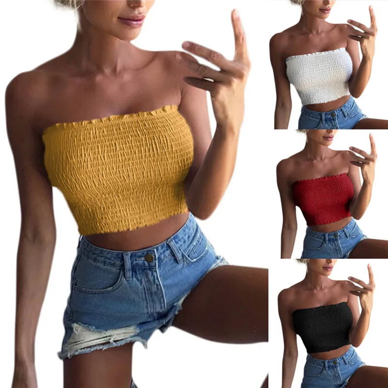 Women Sexy Strapless Ruched Elastic Bandeau Tube Top Black,white,red,yellow Summer Tube Tops Solid Breast Wrap Cropped Tops