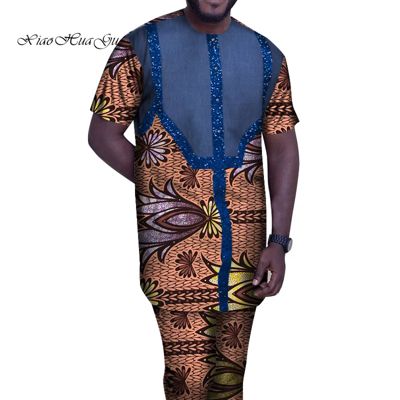 Африканский принт рубашки + брюки Мужской комплект одежды короткий рукав топ с брюками 2 шт. наряды Мужская Свадебная одежда индивидуальные