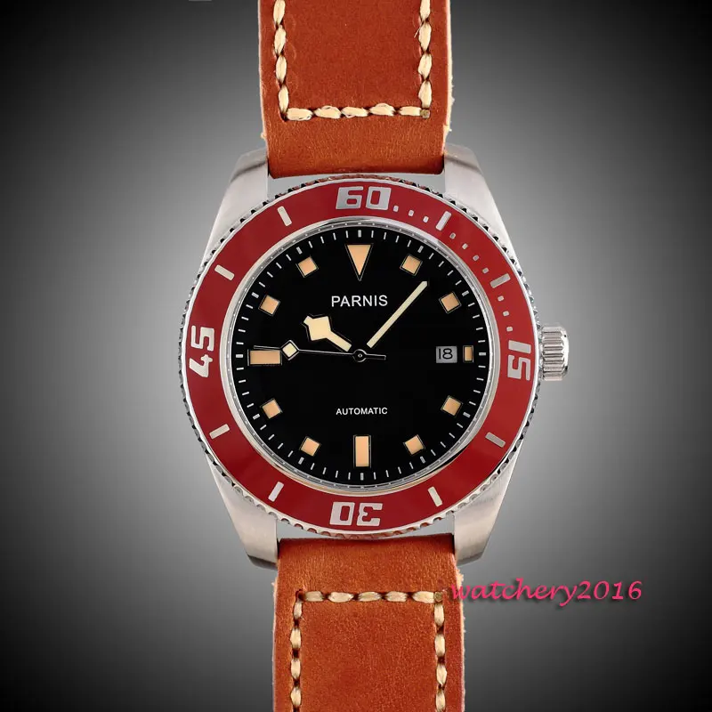 43mm Parnis black dial orange marks red bezel Stainless steel Case sapphire glass miyota Automatic Movement