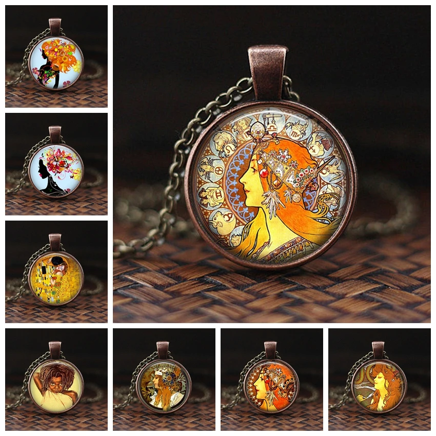 

Vintage Alphonse Mucha Necklace Alphonse Mucha Handmade Round Glass Cabochon Pendant Necklace Creative Friendship Gift