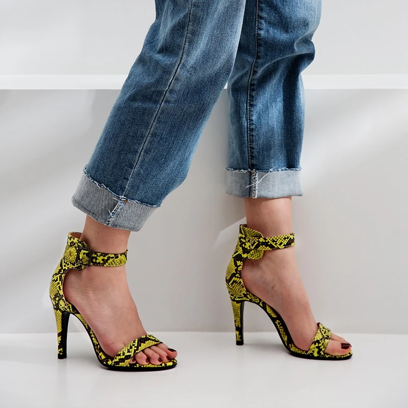 Meotina/летние босоножки женская обувь пикантные туфли на высоком каблуке-шпильке с принтом змеиной кожи Босоножки с открытым носком и ремешком на щиколотке с пряжкой женские размеры 34-43