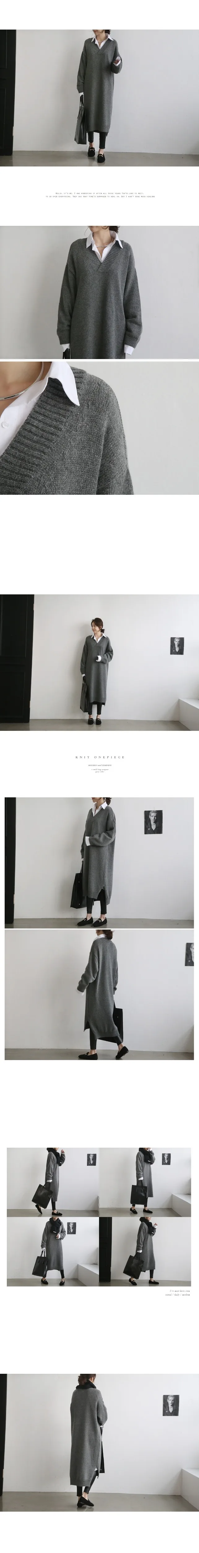 Корейское модное женское платье-свитер, Осень-зима, Низкий Высокий дизайн, Боковой разрез, толстый v-образный вырез, вязаные платья, женское платье