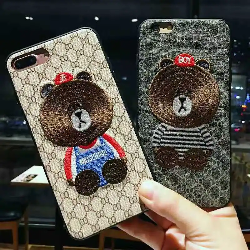 

Luxury Cute Cartoon 3D Embroidered Brown Bear Case for iPhone X Xr Xs Max 6 6s 7 8 Plus Stripe Strap Brand Phone Back Cover Case