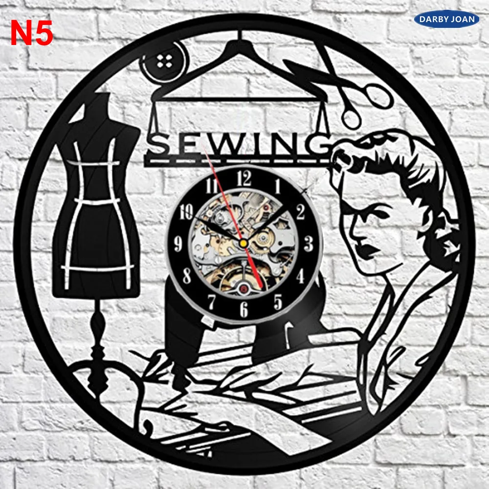 Sewing Salon Wall Clock, Tailoring Vinyl Record Clock 12inch(30 cm), Tailor Gift (Black clockface)