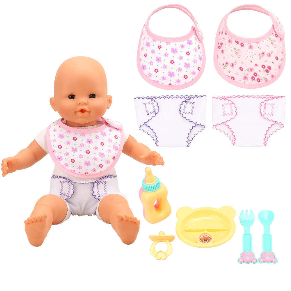 

Doll Accessories 43 cm=1 Set Tableware +2 Cotton Bibs Toys Cloth Diaper Cute +2 Printing Underwear Suit For 18 inch Baby Dolls