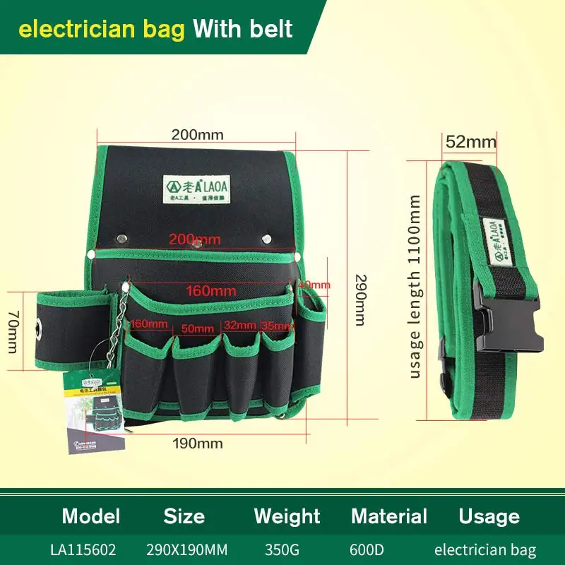 LAOA электрическая посылка, сумка для инструментов, многофункциональные карманы, ткань Оксфорд, сумка для инструментов, износостойкая сумка для электрика - Цвет: LA115602 and belt