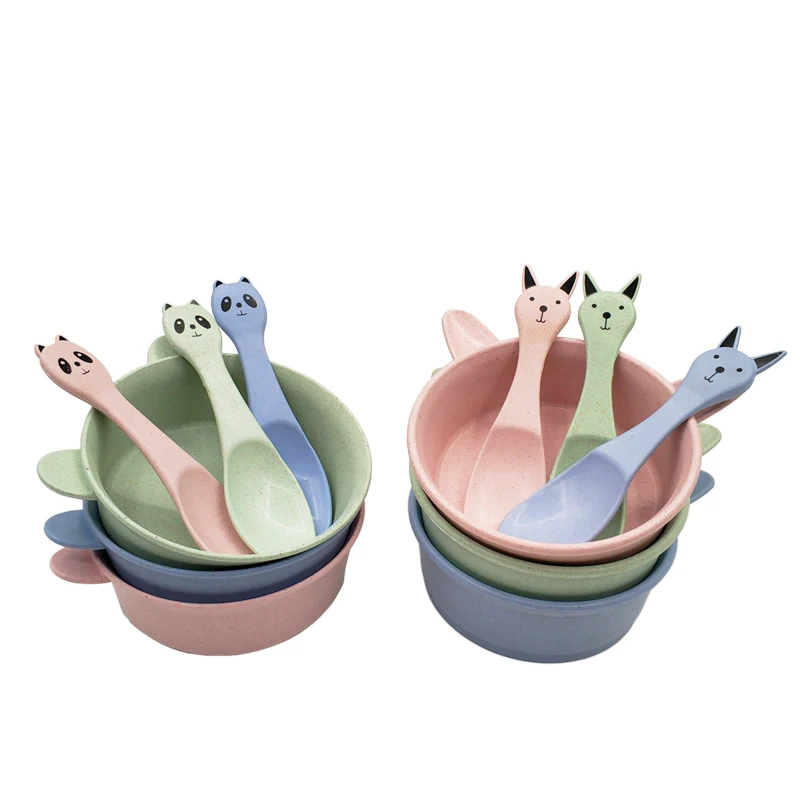 

2pcs/set Baby Feeding Food Tableware Wheat Cartoon Cute Ears Kids Dishes Baby Eating Dinnerware Set Anti-hot Training Bowl+spoon