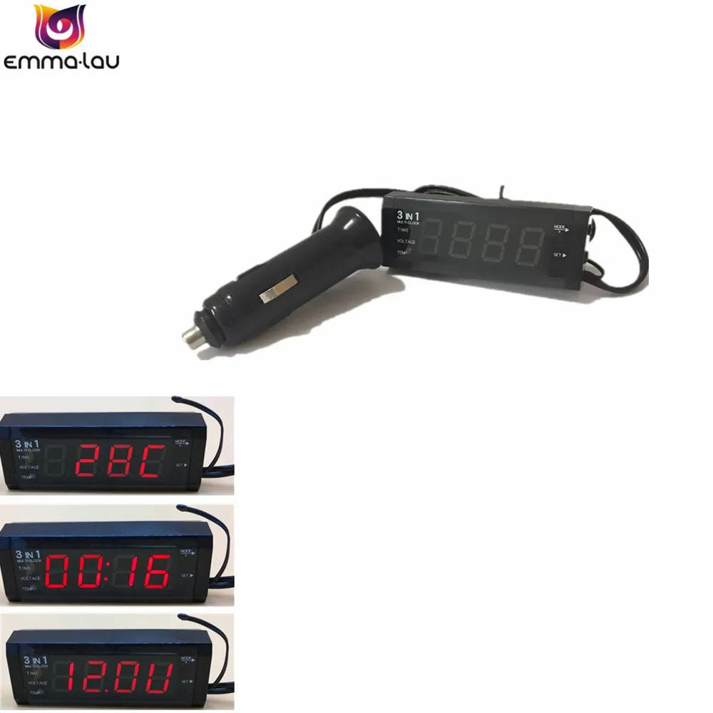 

3 in 1 LCD Digital Car Thermometer Clock Voltmeter -20~70C Red Led Auto Temperature Gauge Voltage Time Detector For Car 12V/24V