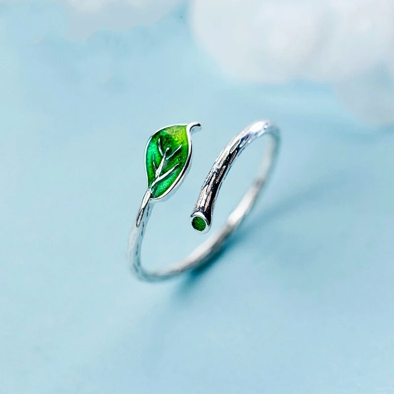 

925 Real Sterling Silver Green Leaf Branch Ring Opening Adjustable Finger Rings For Fashion Women Girls Ring Jewelry