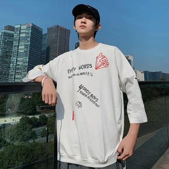 

2019 Summer New Korean Version Of The Tide Male Japanese Alphabet Harajuku Street Print Seven-point Sleeve Casual T-shirt