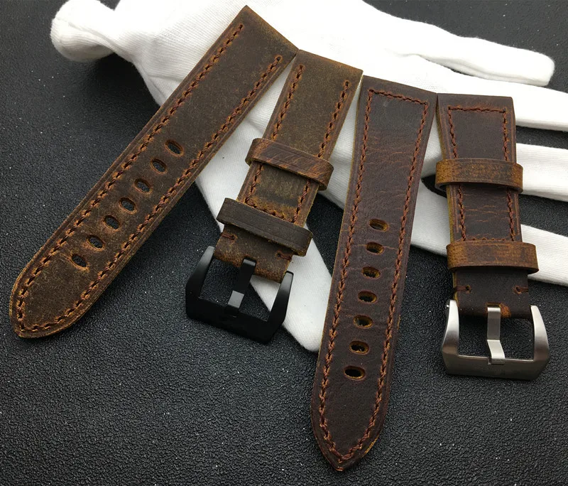 

22mm 24mm 26mm Retro crazy dark Brown handmade Genuine rough Leather watch band Watchband For PAM111/Panerai strap steel buckle