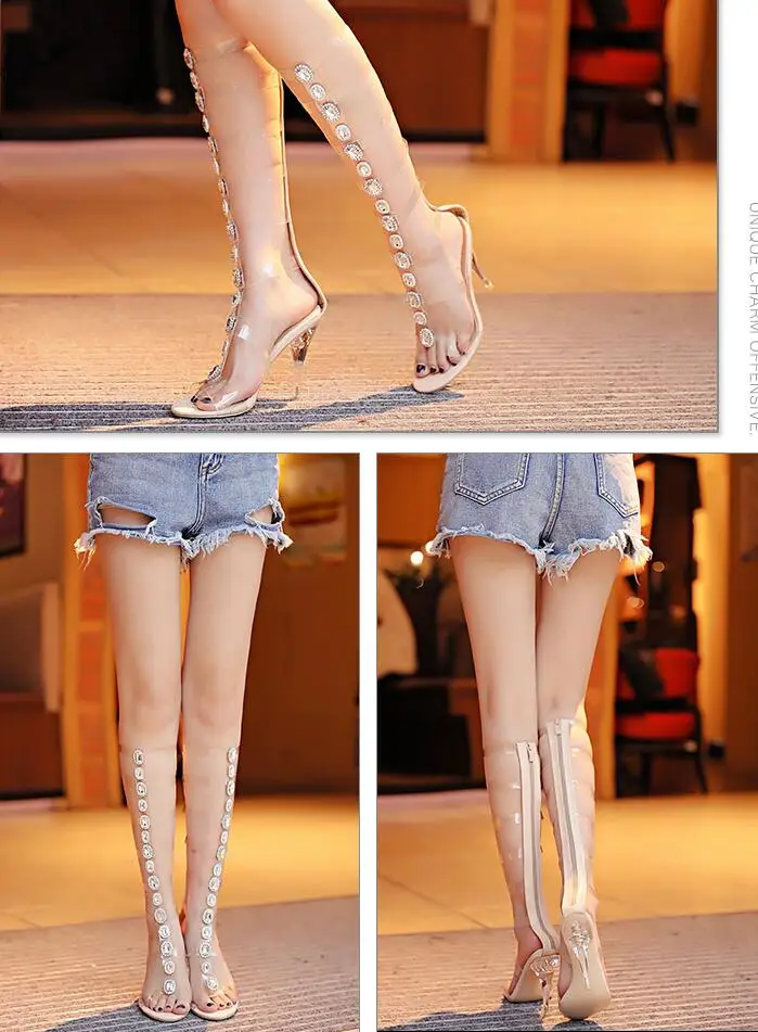 Пикантные прозрачные сандалии-гладиаторы из пвх; женская обувь с открытым носком и Т-образным ремешком; стразы; Прозрачный каблук; женские летние высокие сапоги
