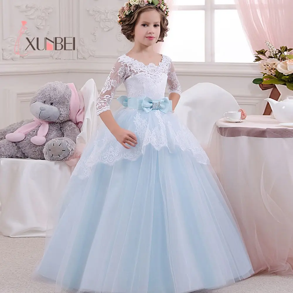 

Big Bow Princess Lace Flower Girl Dresses 2019 Floor Length 3/4 Sleeves Girls Pageant Dresses First Communion Dresses