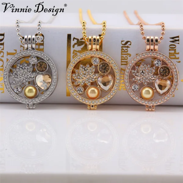 

Vinnie Design Jewelry Interchangeable 35mm Crystal Coin Holder Pendant Necklace with Lotus Flower Coin Disc, 80cm Ball Chain