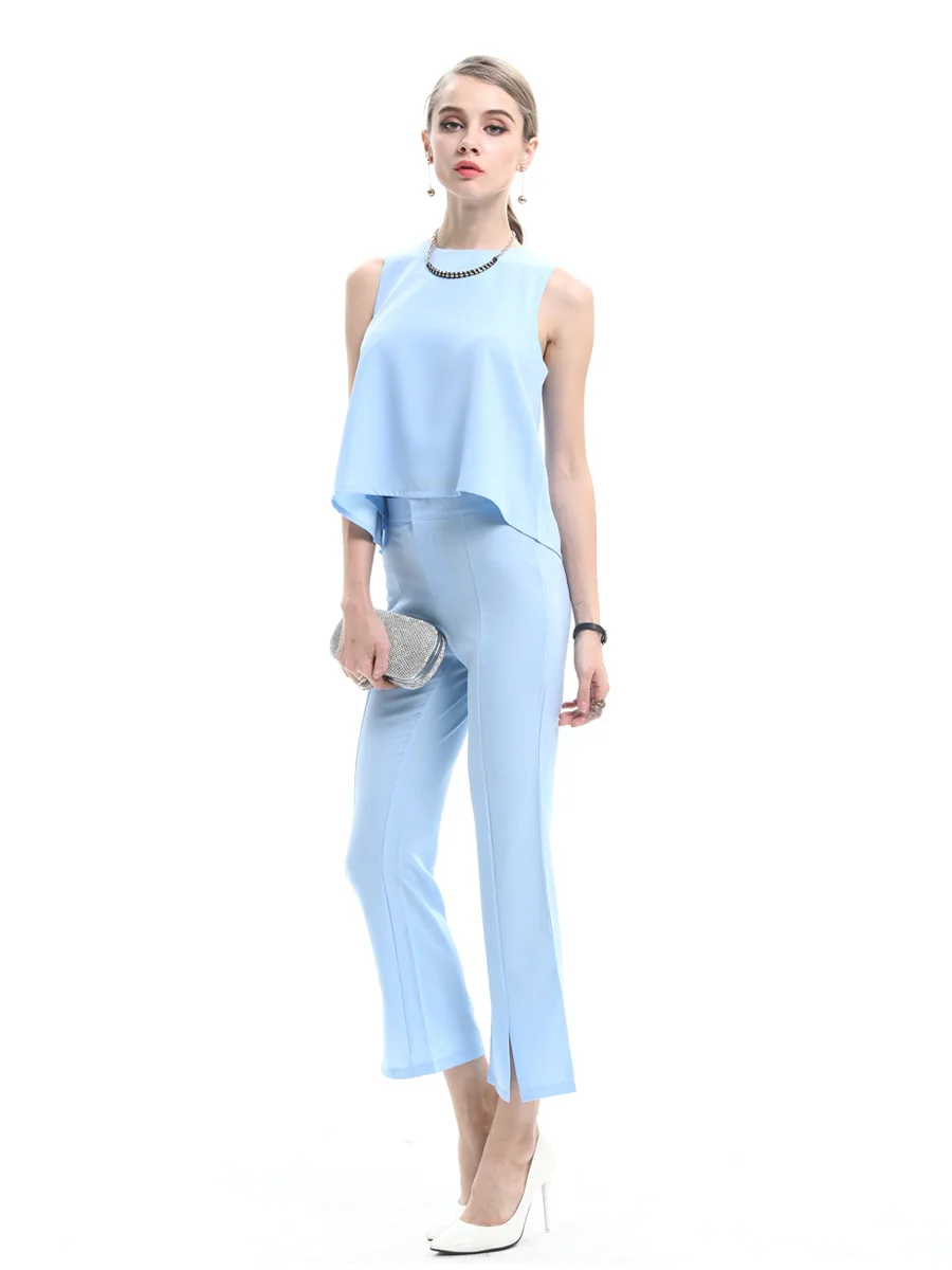 

Simple high waist short pants matching sets Sky blue pure color sleeveless women pants and tops short front sexy sets 2018 new 2