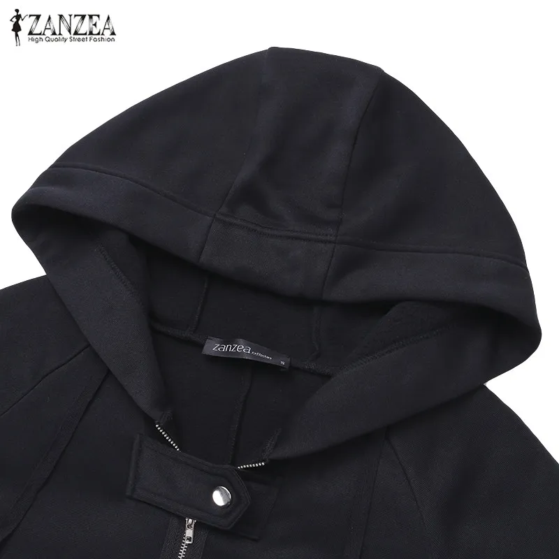 discounted ZANZEA 2019 Autumn Hooded Long Sleeve Zip Sweatshirt Hoodies Coat Women Solid Long Jacket Irregular