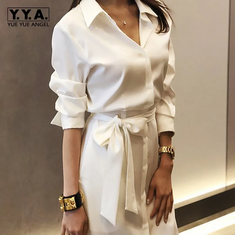 

Office Ladies White Shirts Dress Party Maxi Long Sexy High Split Casual Dresses Women Belted Slim Waist Boyfriend Shirt Dress
