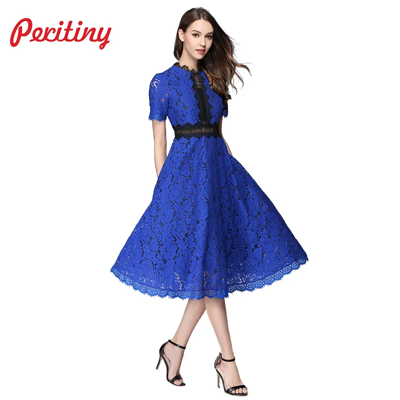 

Peritiny Summer Dress 2019 Elegant Women feminino Vestidos Crochet Hollow Out Lace Dress High Waist Tunic Swing Dresses Spring