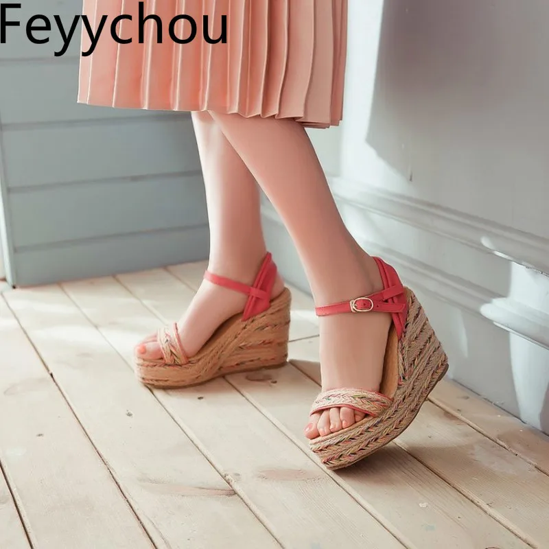 

Women Sandals Super High Heel Beach Shoe Pu Buckle Platform Wedges Mixed-colors Peep Toe 2018 New Sexy Fashion Casual Party
