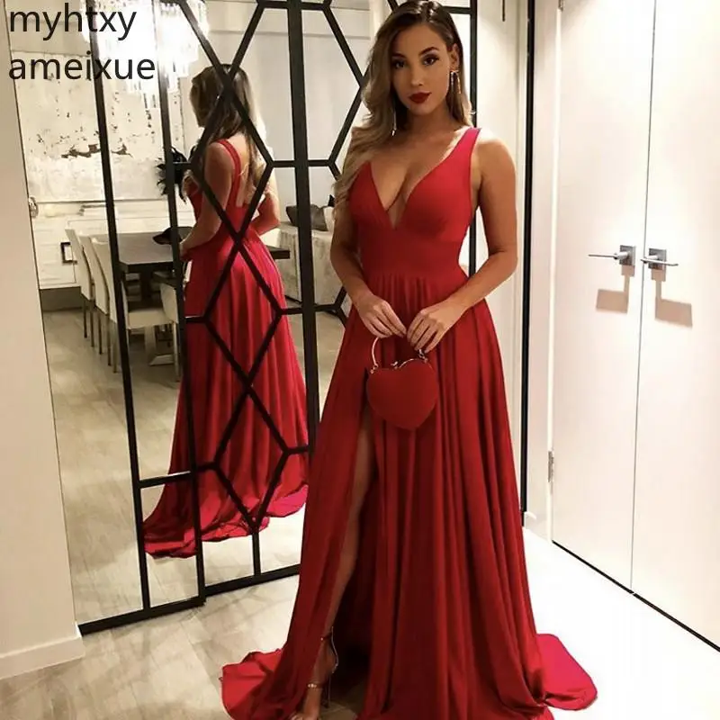 

Gold Sexy Cheap V-neck Sleeveless Evening Dresses Floor Length Side Slit Silk Satin Hot Simple Style Backles Plus Size For Women