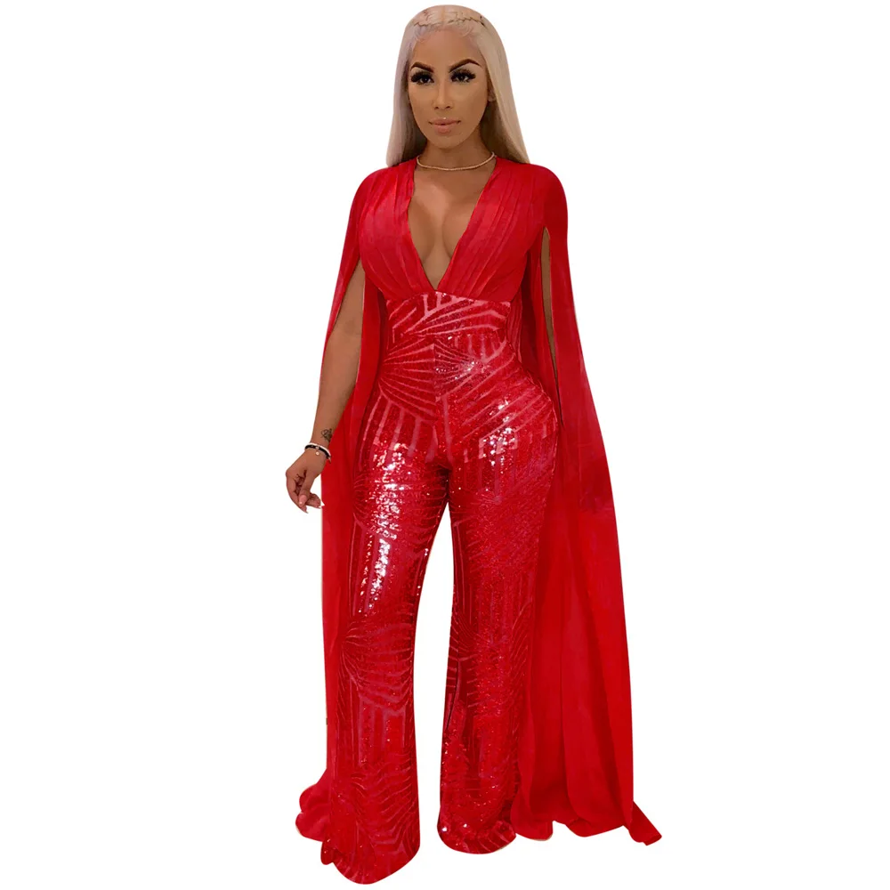 Plus Size Cape Split Extra Long Sleeve Sequins Jumpsuit Women Backless V Neck Night Club Party Romper Sexy See Through Overalls