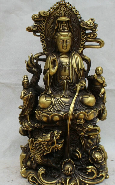 

JP S61 19" Chinese Copper Tong Zi Boy Seat Dragon Kwan-yin Guan Yin Boddhisattva Statue B0403