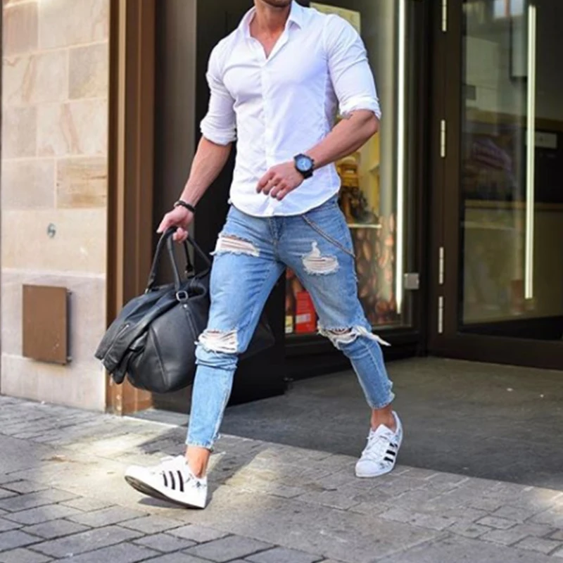 2018 Homens Elegantes Calcas Jeans Rasgado Biker Skinny Slim Reta Calcas Jeans Desgastados Novas Moda jeans skinny homens Roupas