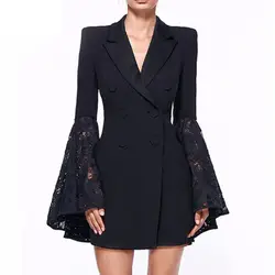 Для женщин двубортный элегантный черный пиджак кружева лоскутное flare верхняя одежда с длинным рукавом офисные повседневные Длинные Топы