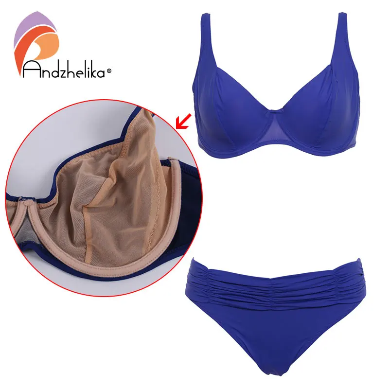 baratas Andzhelika Verão 2018 New Soft Copos Biquínis Sólidos Mulheres Mais tamanho do Biquíni Swimwear Conjunto de Praia Fatos de banho Maillot de bain AK63380
