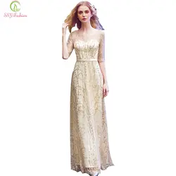 Ssyfashion новый простой элегантный светло-золотой вечернее платье невесты для торжеств Половина рукавами длиной до пола Торжественное платье;