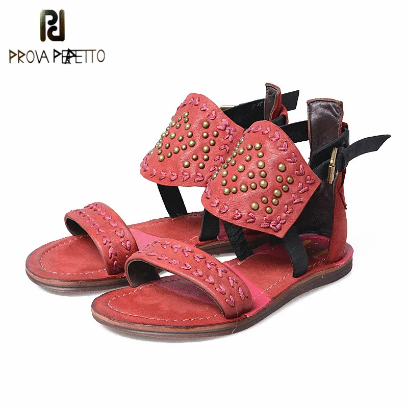 

Prova Perfetto Retro Style Sewing Patchwork Genuine Leather Woman Sandals Comfortable Ankle Strap Low Heel Flat Bottom Shoes