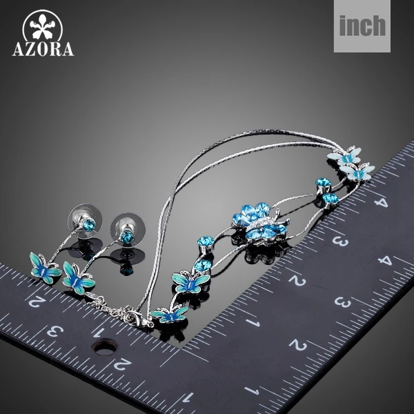 AZORA Elegant Stellux Austrian Crystal Butterfly Oil Painting Pattern Drop Earrings and Pendant Necklace Jewelry Set TG0190
