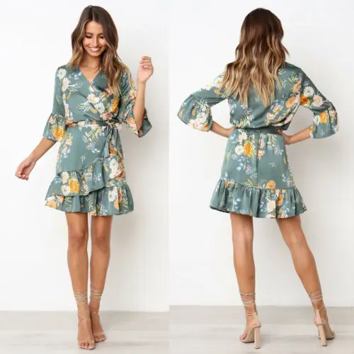

2019 Boho Short Dress Women Sexy V-Neck Ruffle Beach Summer Floral Maxi Sundress