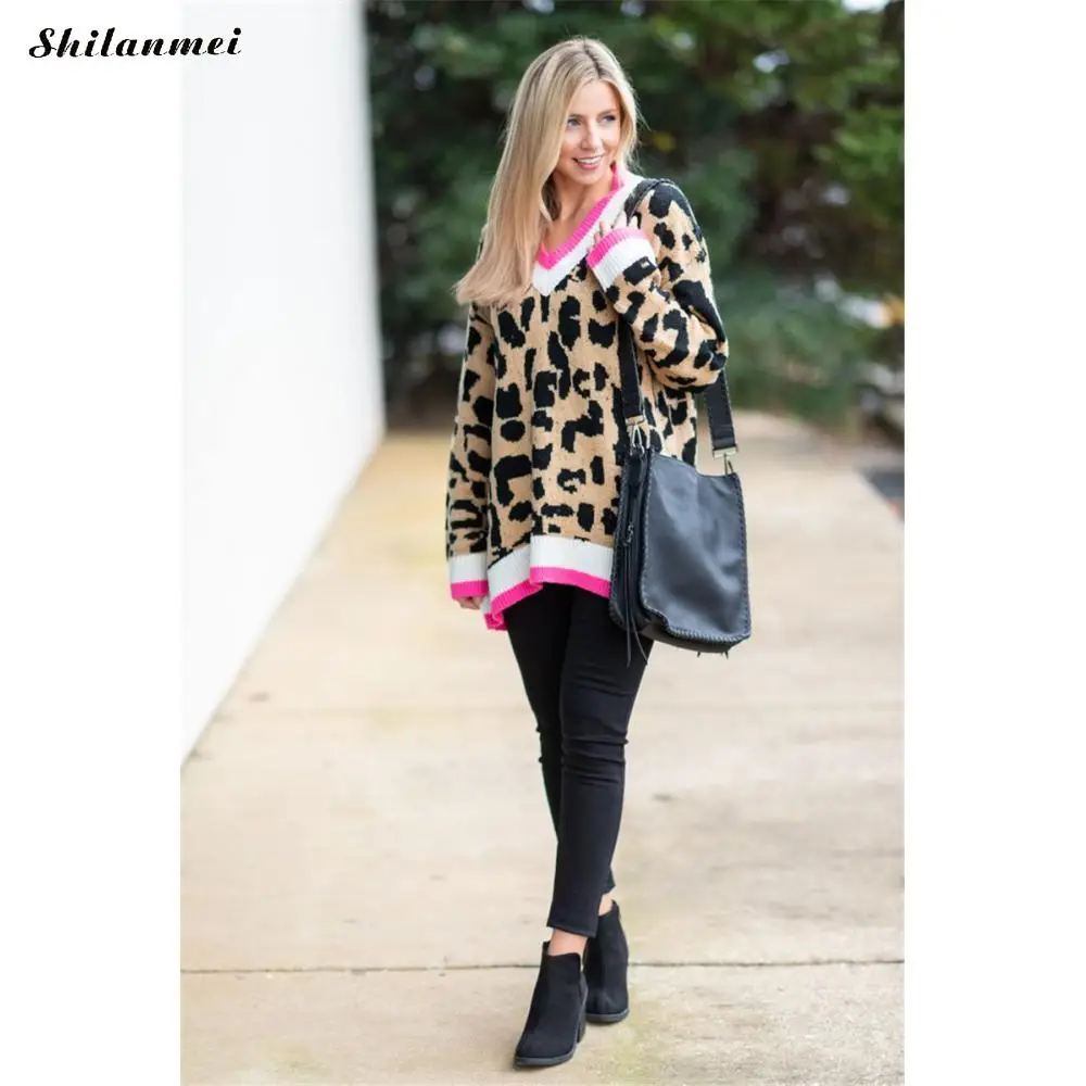 

2019 Winter Knitted Sweater Long Sleeve Patchwork Long Sleeve Loose Holiday V Neck Sweater Sexy Fashion Leopard Printed