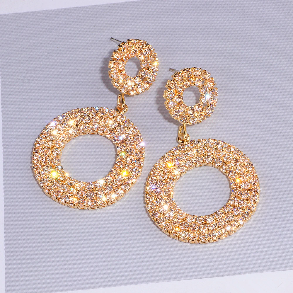 

Fashion Double Circle Crystal Drop Earrings for Women Bijoux Gold Color Rhinestone Round Dangle Earrings Party Jewelry WX213