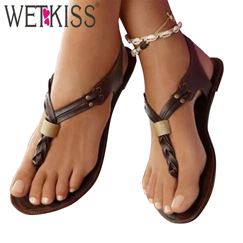 Женские сандалии гладиаторы WETKISS летние плетеные на плоской подошве модные