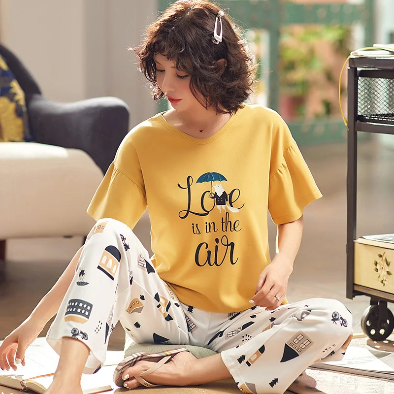 

SP&CITY 2 PCS Japan Style Cartoon Pajamas Set Women Summer Ruffle Patchwork Sleeve Home Set Sweet Round Neck Nightwear Suit