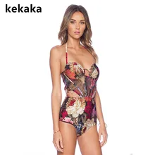 KEKAKA, роскошный корейский стиль, золотой цветочный принт, сетчатый Цельный купальник,, сексуальный глубокий v-образный вырез, пуш-ап, вязанный крючком купальник, купальный костюм, M-XL