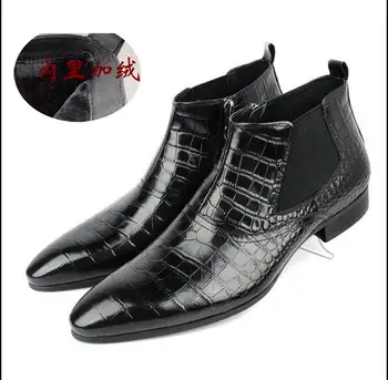 

British business warm men's high top two cotton shoes winter plus velvet casual men's waist boots leather Chelsea short boot