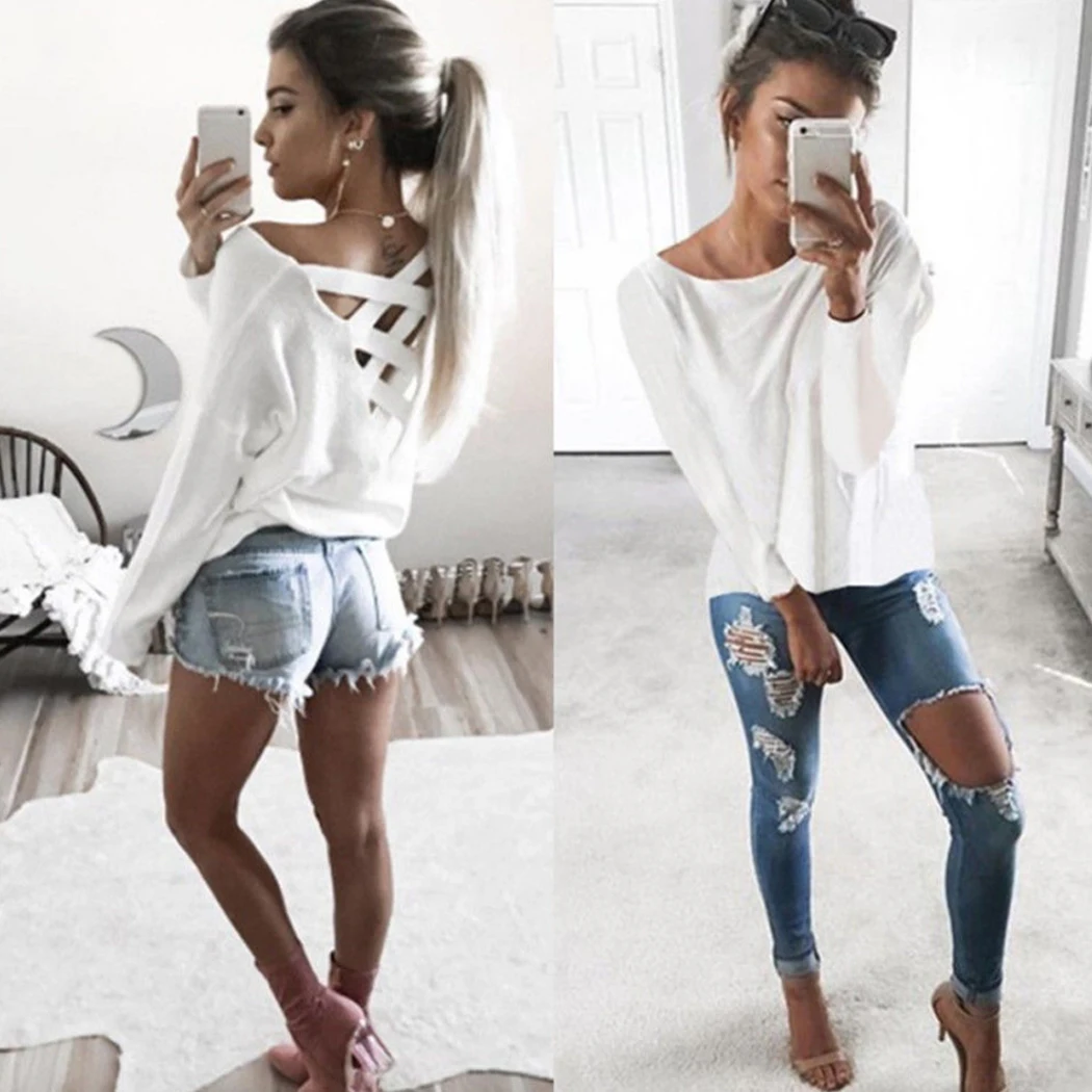 

2018 Women T Shirt Sexy Back Cross Straps Belt Loose Tops Ladies Long Sleeve Lace Up Tee Shirts Fashion Clothing Camiseta Mujer
