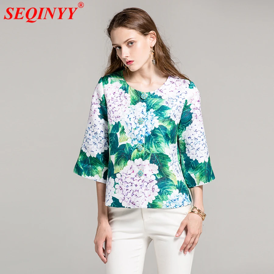

SEQINYY Jacquard Jacket Fashion Runway Women's Casual Hydrangea Flowers Print 2017 Autumn 3/4 Sleeve Petal Button Short Jacket