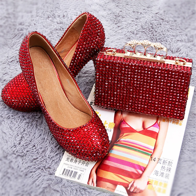 

Wedding Women Shoes and Bags to Matching Red Pumps Crystal Platform Bride Shoe Handbag Purse High Heels Genuine Leather Big Size