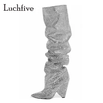 

2018 Bling Crystal Catwalk Knee High Boots Women Pointed Toe Spike High Heel Boots Woman Fashion Long Boots